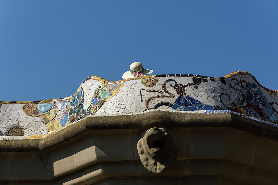 Serendipitous Straw Hat - Antoni Gaudi Trencadis Mosaic Bench in Park Guell Barcelona Photograph by Georgia Mizuleva