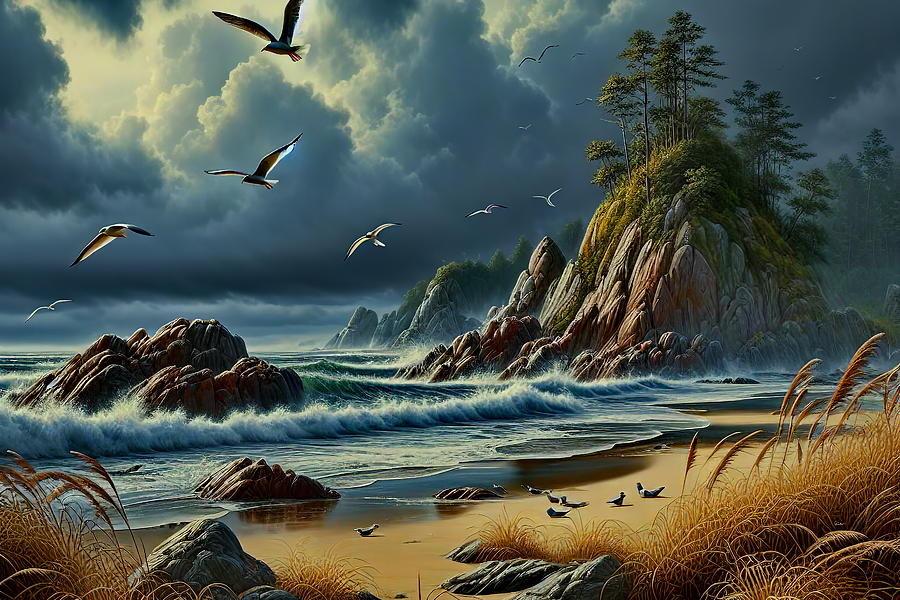 Serene Coastal Seascape With Flying Seagulls at Dusk Digital Art by Russ Harris