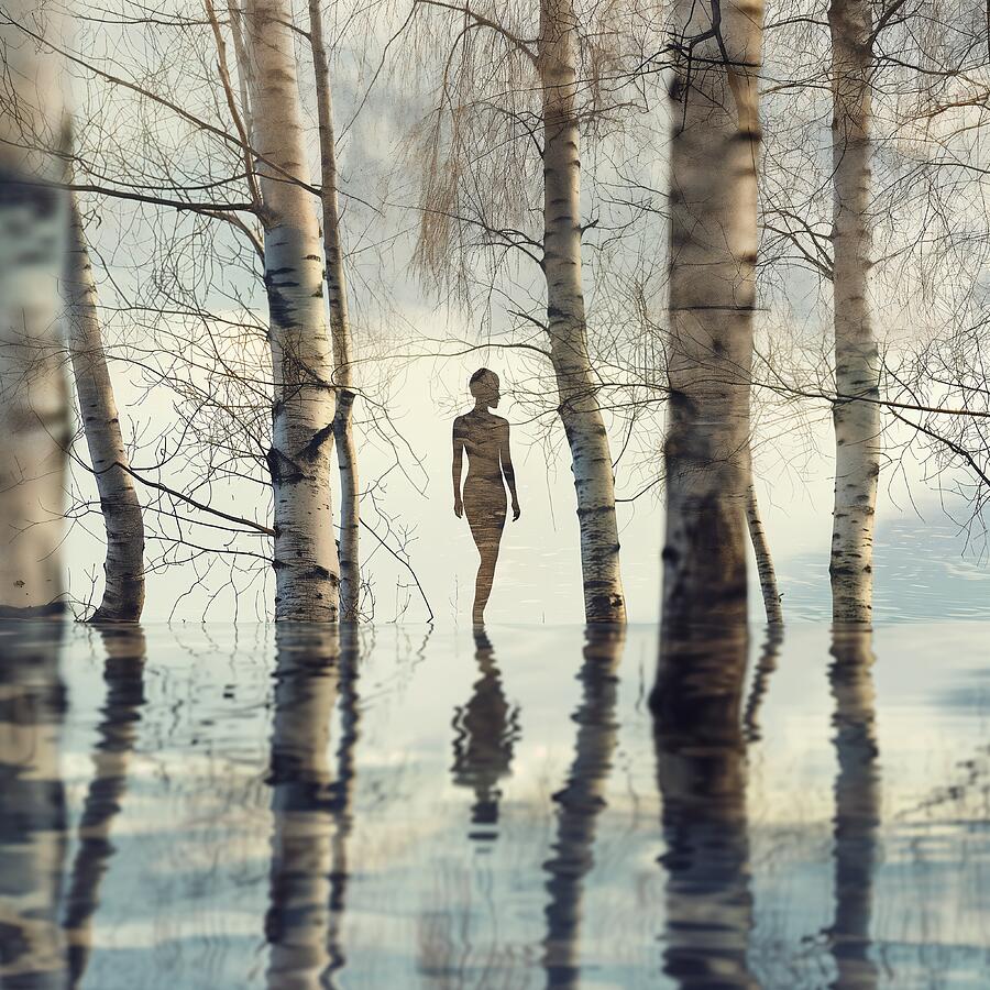 Tree Digital Art - Serene landscape with birch trees and a female silhouette by Black Papaver
