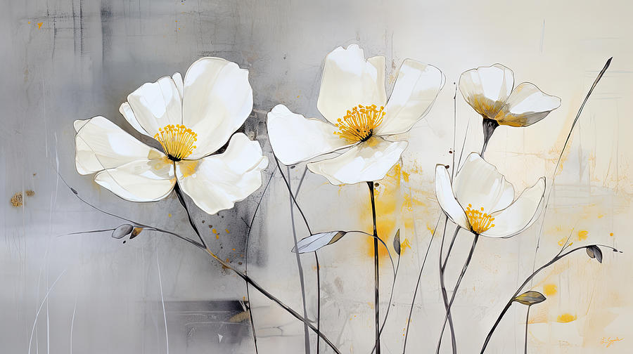 Serenity of Minimalist White, Yellow and Gray Blooms Painting by Lourry Legarde Serenity of Minimalist White, Yellow and Gray Blooms Painting by Lourry Legarde