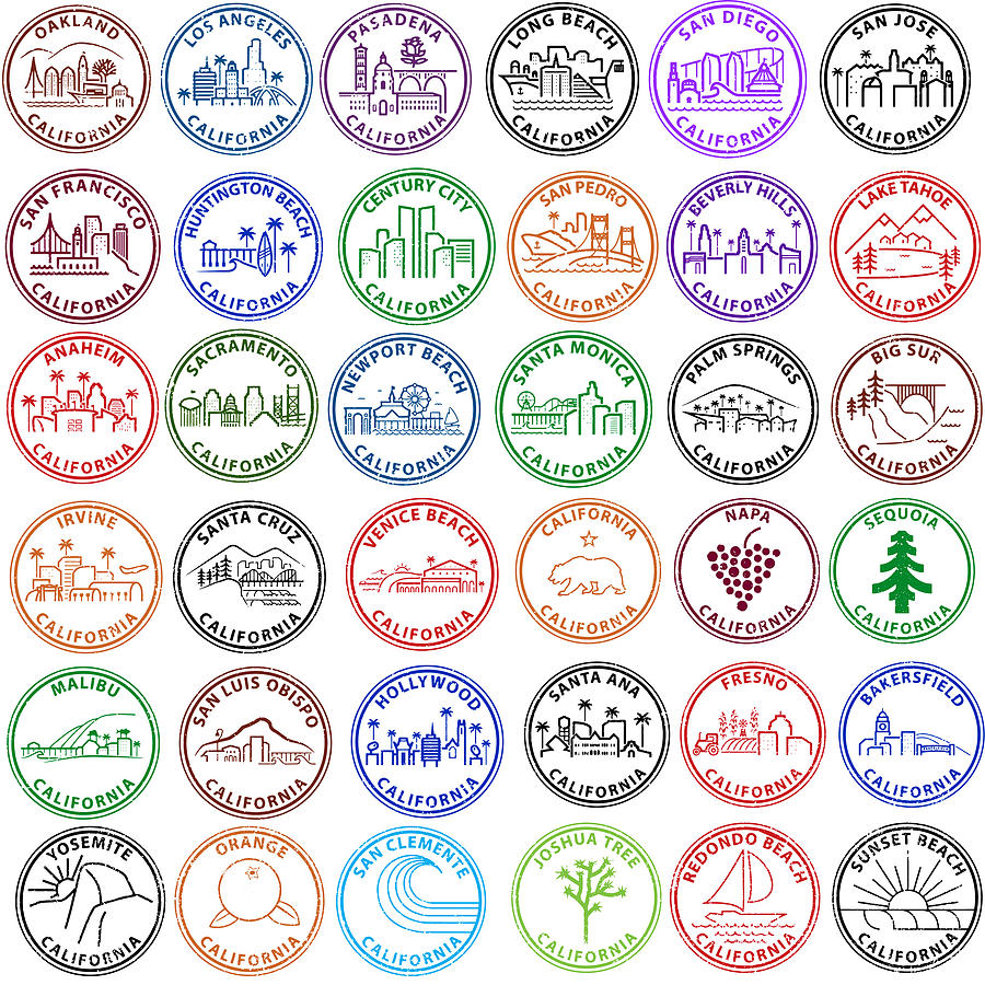 Series of California Cities and Locations in Stamp Form Drawing by Albertc111