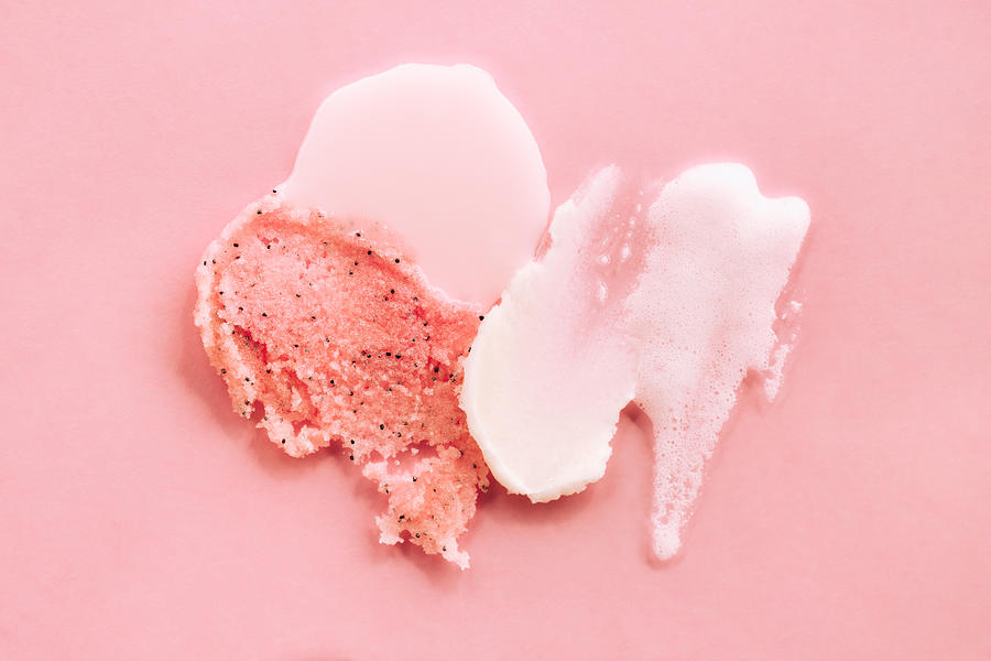 Set of abstract smears of shower gel, cream and scrub on pink background. Trendy products of the year. Health and wellness concept Photograph by Anna Efetova