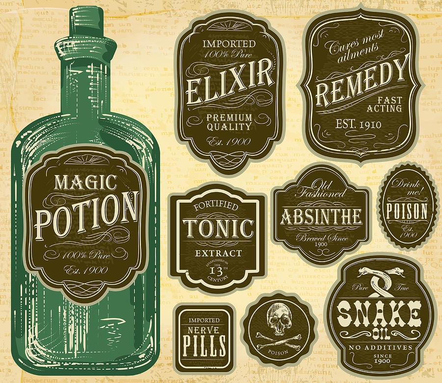 Set of assorted old fashioned green and brown labels bottles Drawing by JDawnInk