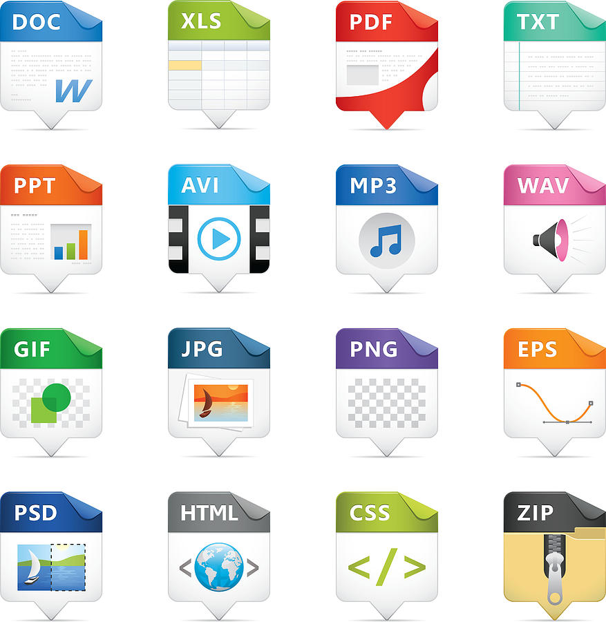 Set of colorful file icons on white background Drawing by Logorilla