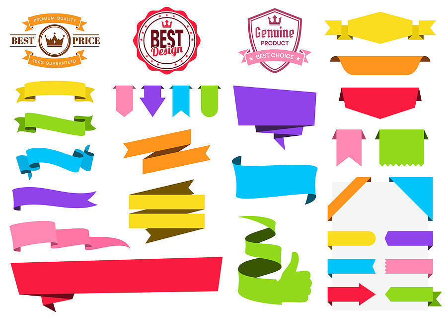 Set of Colorful Ribbons, Banners, badges, Labels - Design Elements on white background Drawing by Bgblue