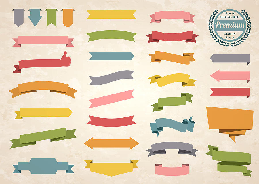 Set of Colorful Vintage Ribbons, Banners, badges, Labels - Design Elements on retro background Drawing by Bgblue