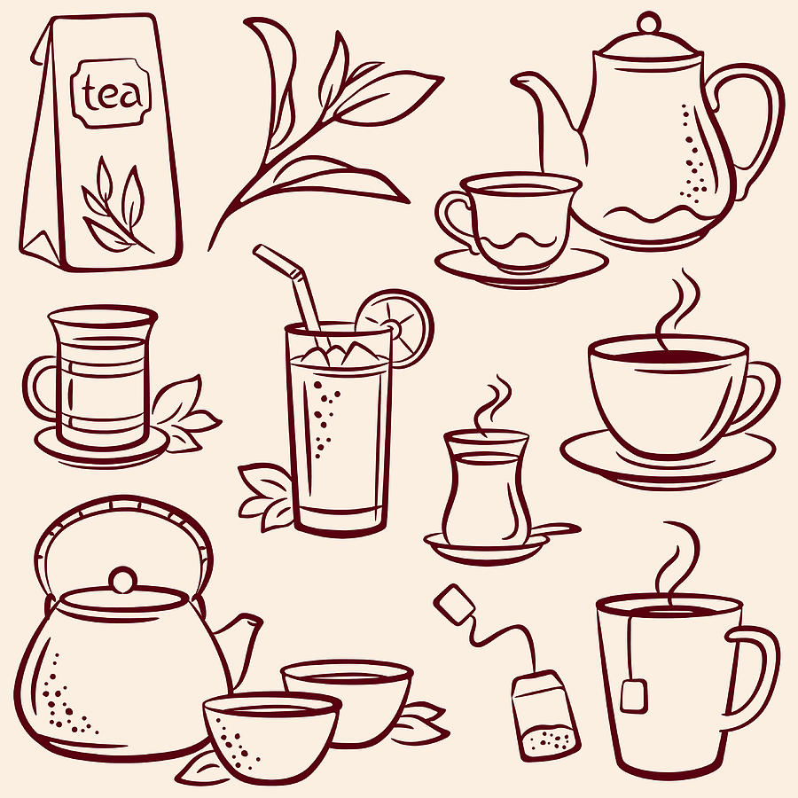 Set of drawn tea-related illustrations over beige background Drawing by Ulimi