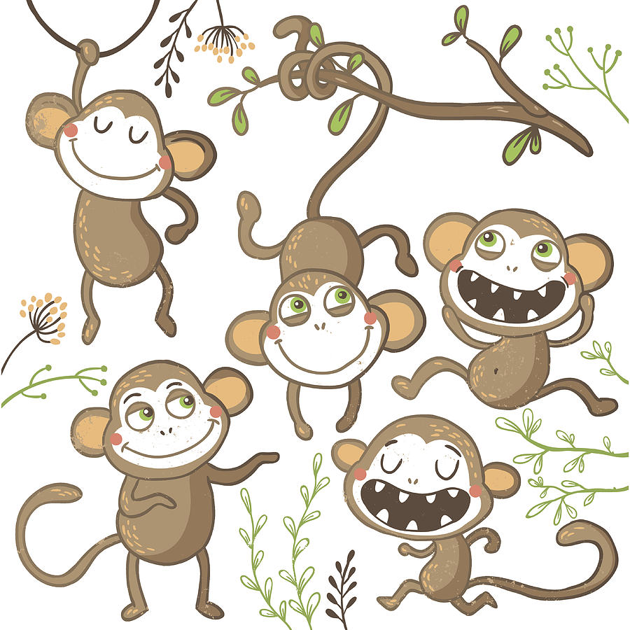 Set of funny hand drawn monkeys, Drawing by Martyshova