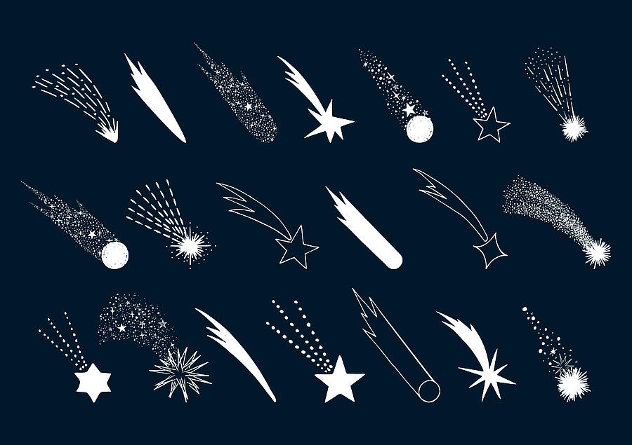 Set of hand drawn falling stars. Vector comet. Shooting lights. Isolated illustration. Doodle style. Drawing by Anatartan