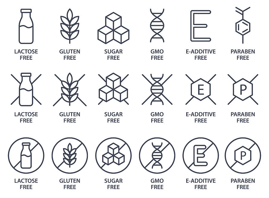 Set of icons - Lactose Free, Gluten Free, Sugar Free, GMO Free, E-additive Free, Paraben free. Vector illustration. Drawing by Pop_jop