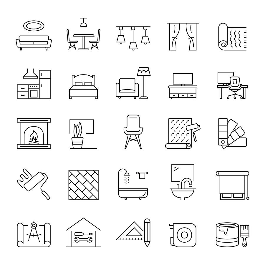 Set of Interior Design and Home Decoration Related Line Icons. Editable Stroke. Simple Outline Icons. Drawing by Cnythzl
