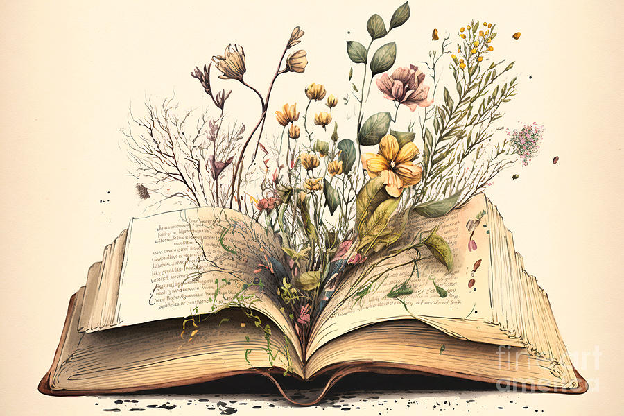 Set Of Nice Flowers Growing From An Open Book, Vintage Flowers Growing ...