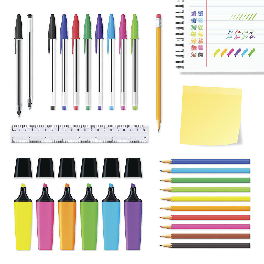 Set of office supplies isolated on white background Drawing by Bgblue