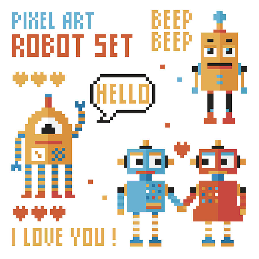 Set of pixel robots, words, hearts. Drawing by Martyshova