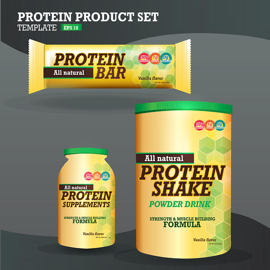 Set of protein supplements packaging designs yellow and green Drawing by JDawnInk
