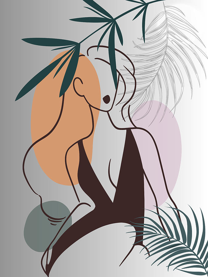 Set of tropical beauty. Women in elegant line art style. Monstera and palm  leaves background. No 1/3 Drawing by Mounir Khalfouf - Fine Art America