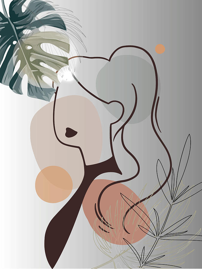 Female Figure Drawing - Set of tropical beauty. Women in elegant line art style. Monstera and palm leaves background. No 2/3 by Mounir Khalfouf