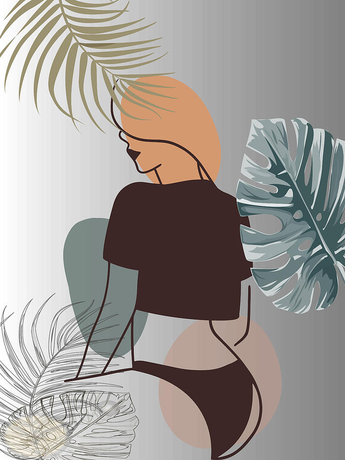 Summer Drawing - Set of tropical beauty. Women in elegant line art style. Monstera and palm leaves background. No 3/3 by Mounir Khalfouf