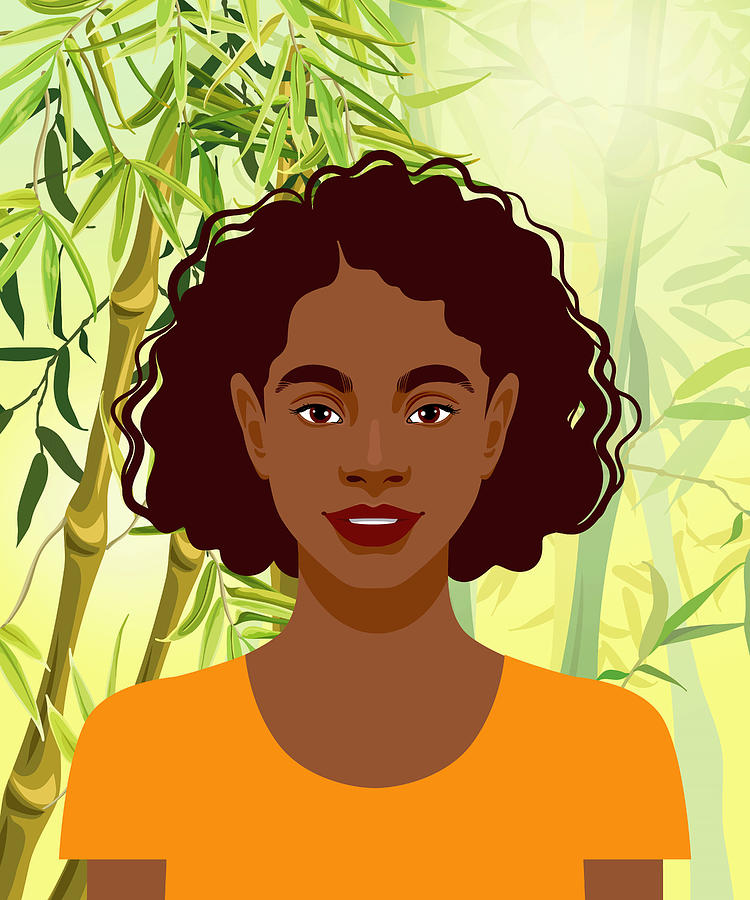 Nature Drawing - Set of young attractive african american women, Landscape of bamboo stems and leaves background. 2/3 by Mounir Khalfouf