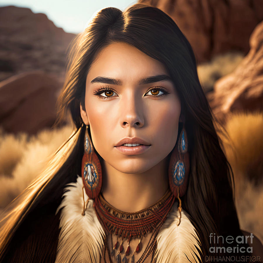 Set Of Young Beautiful Native American Women With Traditional Handmade