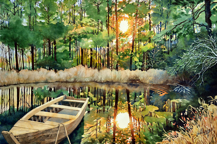 Setting Sun over Mulberry Pond Painting by Mick Williams