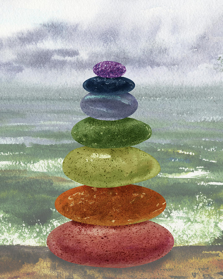 Seven Chakras Meditative Rocks At The Beach  Painting by Irina Sztukowski