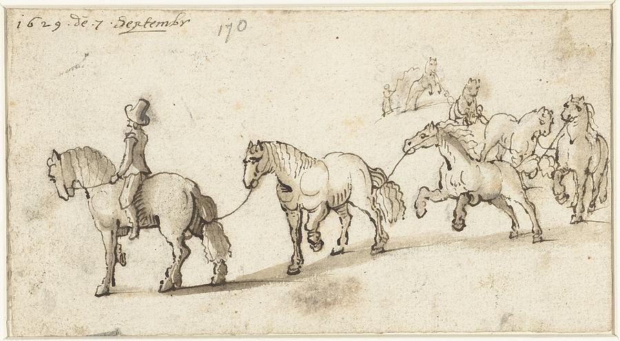 Seven horses in a row, Gerard ter Borch Painting by MotionAge Designs
