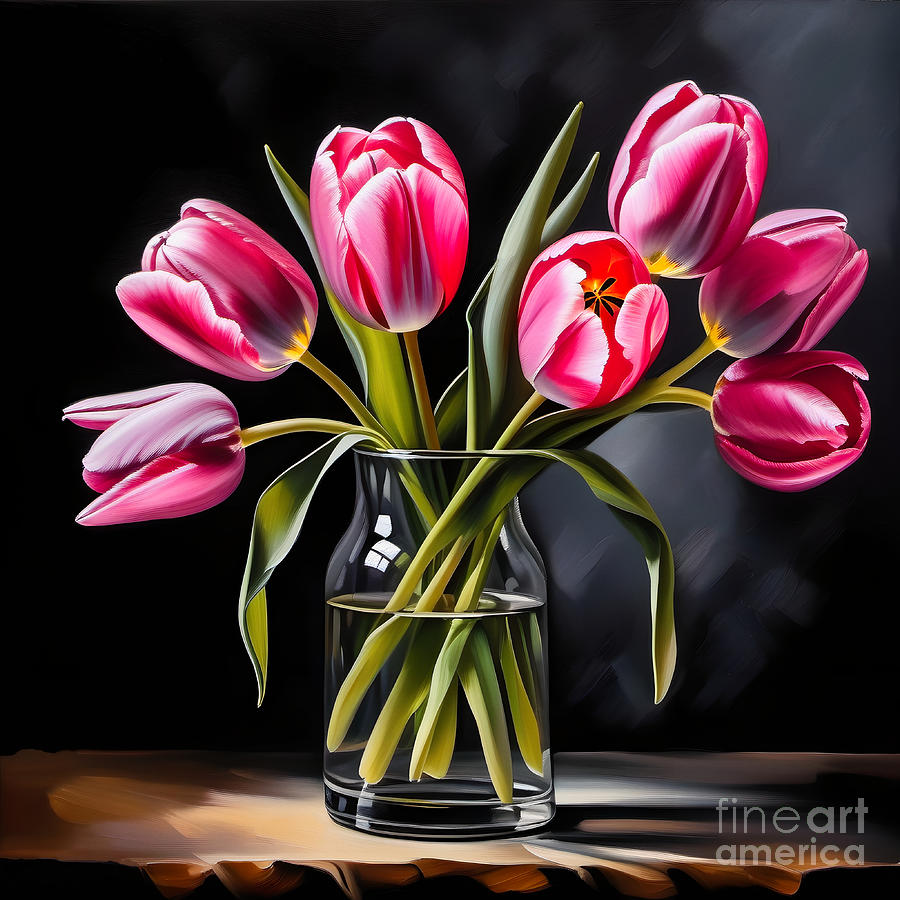 Seven Pink Tulips In A Vase - 02248 Digital Art by Philip Preston