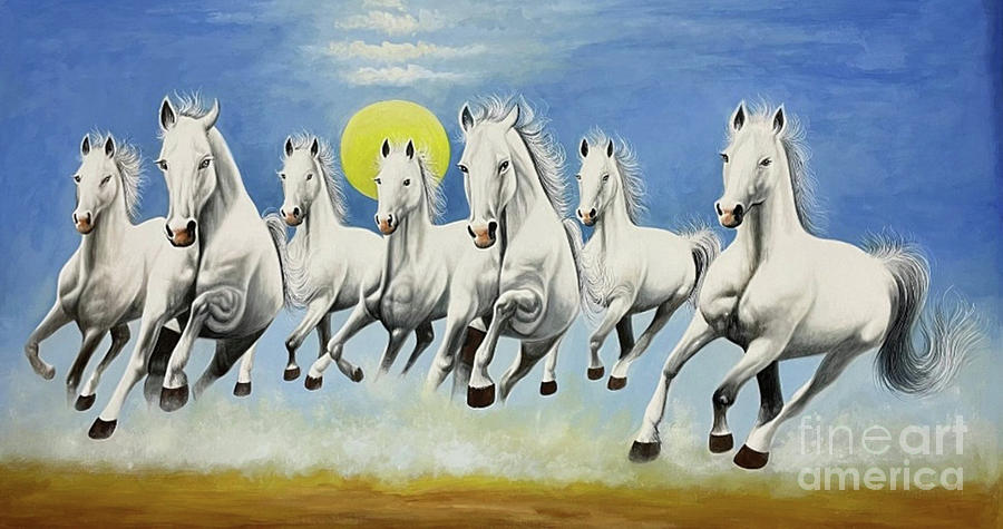 Seven Running White Horse Animals Painting Artistic Canvas Art Painting by Manish Vaishnav