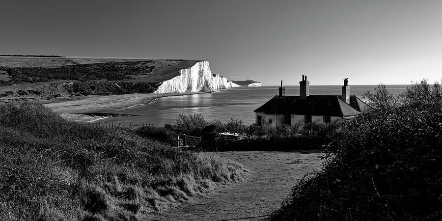 Cottage Photograph - Monochrome of Seven Sisters and the Coastguard Cottage Sussex UK by John Gilham