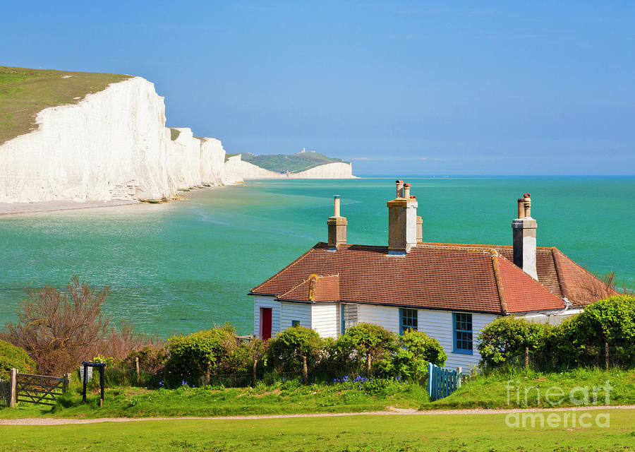 Seven sisters white cliffs and Coastguard cottages, East Sussex, England  Photograph by Neale And Judith Clark