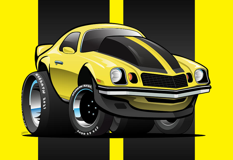 Seventies Classic American Muscle Car Cartoon in Yellow and Black ...