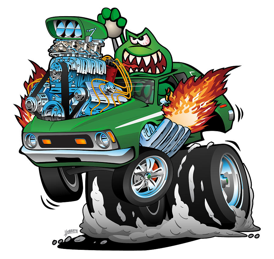 Seventies Green Hot Rod Funny Car Cartoon Digital Art by Jeff Hobrath -  Fine Art America