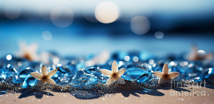 Pebbles Digital Art - Several starfish are scattered amongst clear blue gem-like pebbles on a sandy shore by Odon Czintos