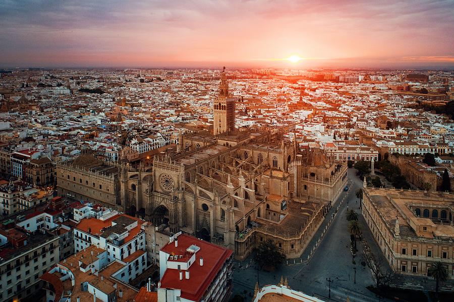 Seville Cathedral aerial view sunrise Photograph by Songquan Deng