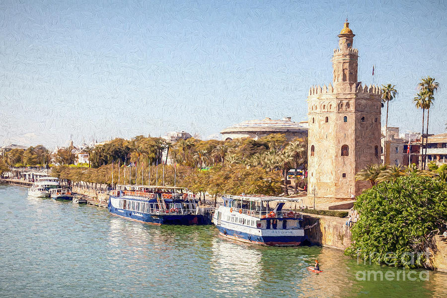 Seville - Paseo Alcalde Marques del Contadero, with tour boats. Digital Art by Liz Leyden