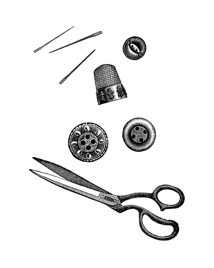 Black And White Digital Art - Sewing Supplies In Black And White by Madame Memento