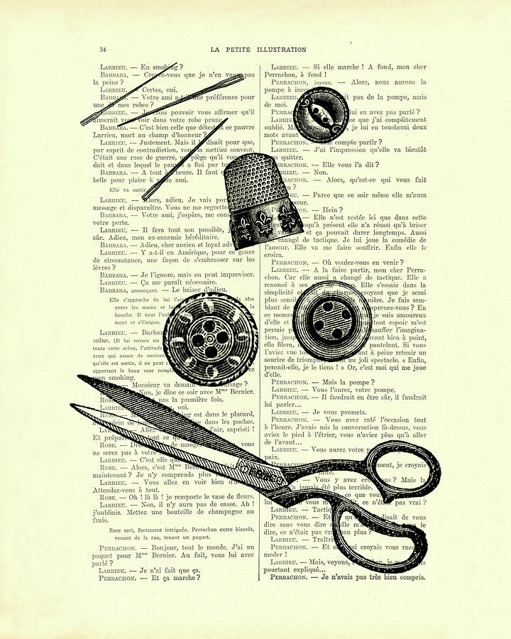 Black And White Digital Art - Sewing Tools by Madame Memento