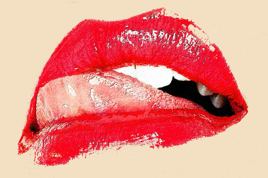 Sexy Lip Bite Mouth Lipstick Licking Painting by Tony Rubino
