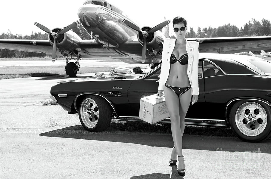 Sexy Model with Vintage Car and Plane Photograph by Retrographs