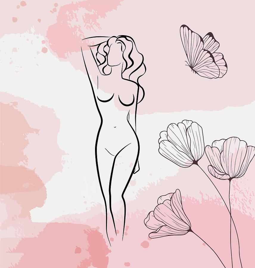 Butterfly Drawing - Sexy Nude Woman With Butterfly, Nude Female Body Print, Bedroom Wall Decor, Naked Figure Poster by Mounir Khalfouf