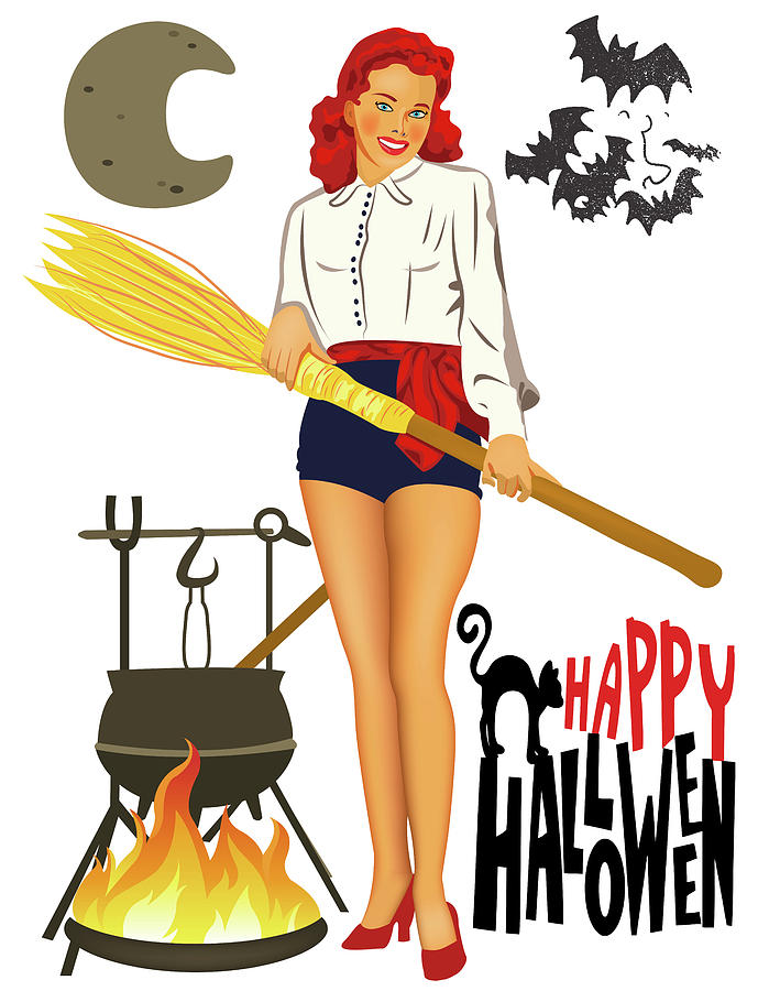 Sexy Pinup Witch with Broom Digital Art by Long Shot