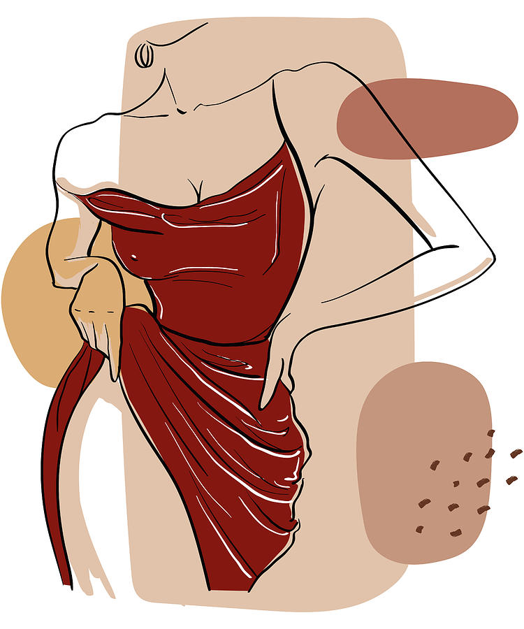 Sunset Drawing - Sexy Woman Hand On Hip, Hot Body Posing In Red Dress, Nordic Minimalist Figures Line Art by Mounir Khalfouf