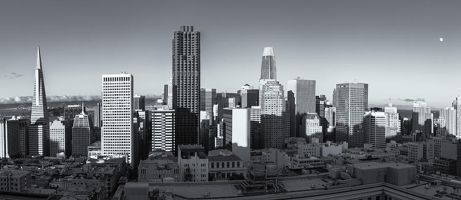 Sf Skylines With Moonrise Bw Photograph by Jonathan Nguyen