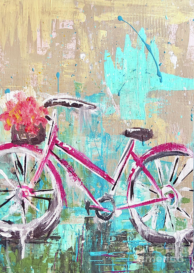 Shabby Chic Bicycle with Floral Basket Painting by Joanne Herrmann
