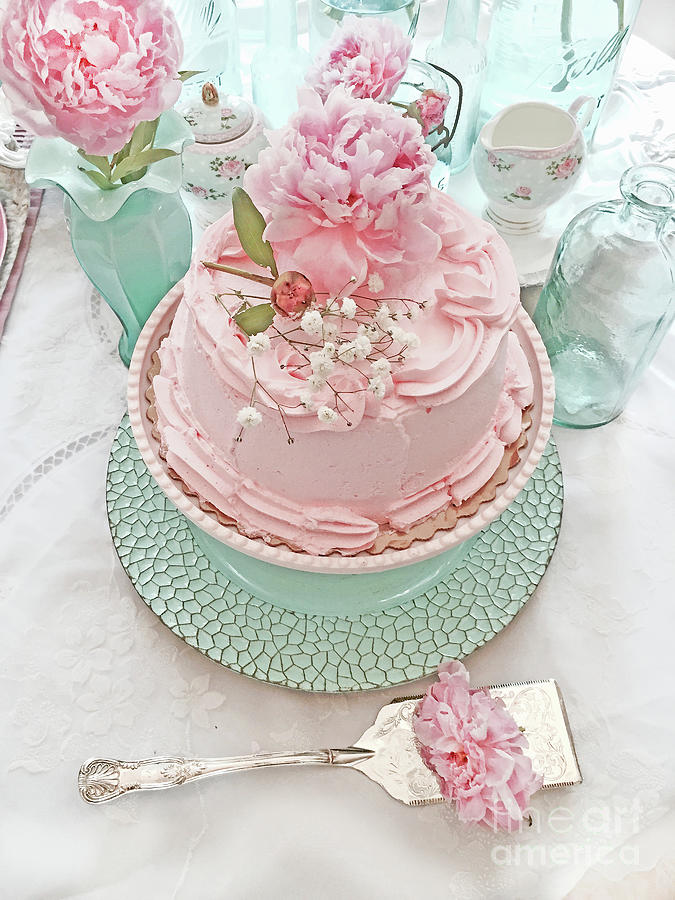 Shabby Chic Cottage Dreamy Pastel Pink Cake Pink Peony Flowers Aqua Turquoise Bottles Kitchen Art Photograph by Kathy Fornal