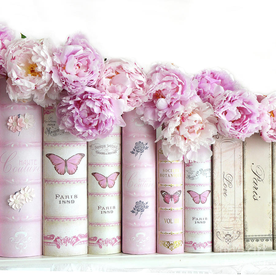 Shabby Chic Pastel Pink Peonies Pink Books Decor Wall Art Prints Photograph by Kathy Fornal