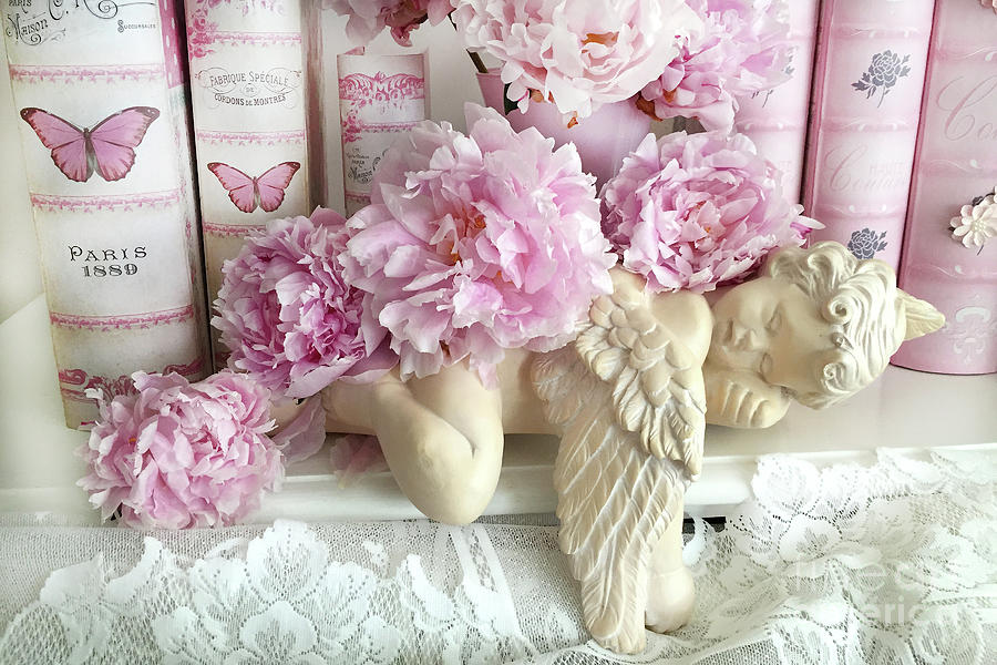 Shabby Chic Pastel Pink Peonies With Cherub - Sleeping Angel Cherub With Peonies Pink Books Photograph by Kathy Fornal