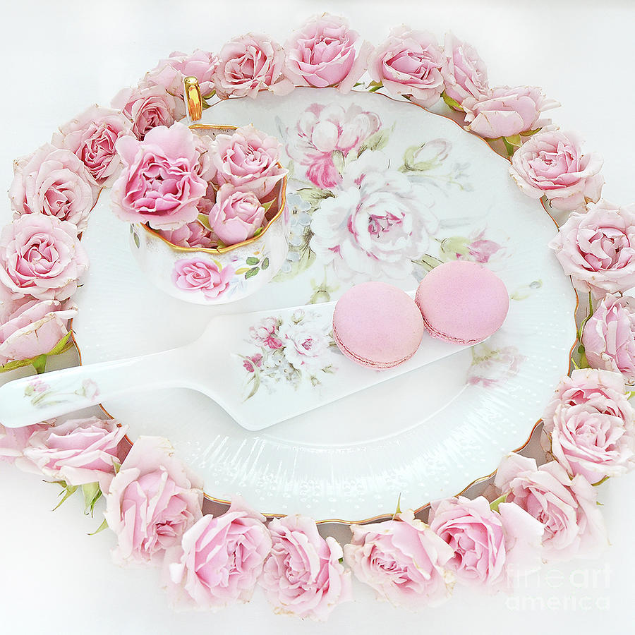 Shabby Chic Pastel Pink Roses Cottage Kitchen Plate Server Pink Macarons Teacups Photograph by Kathy Fornal