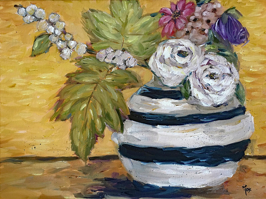 Shabby Roses in a Striped Porcelain Vase Painting by Roxy Rich